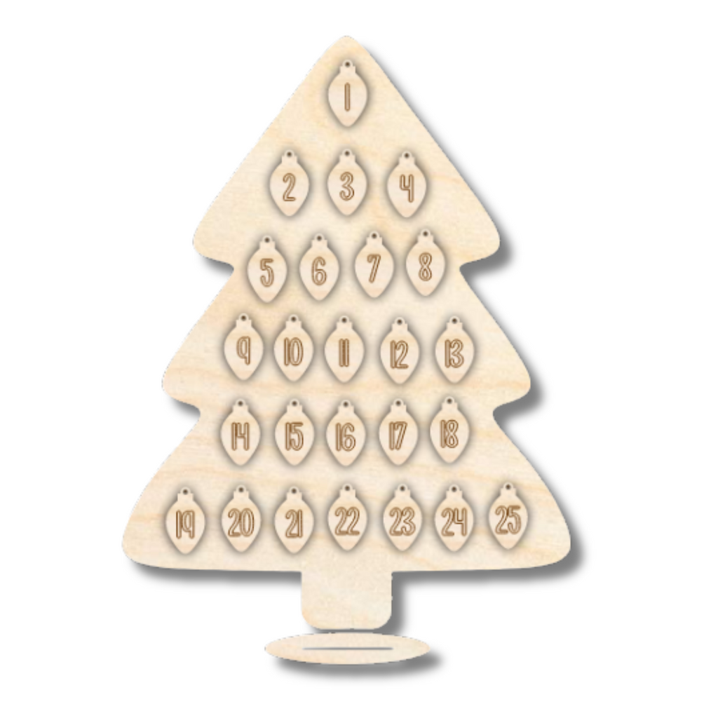 Unfinished Wood Christmas Countdown Tree Etched Sign | 27 Pieces | 18" | 1/4" Wood