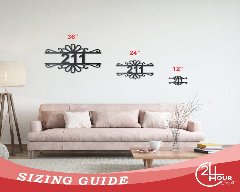 Custom Metal Flourish Address Wall Art | House Number Sign | Indoor Outdoor | Up to 46" | Over 20 Color Options