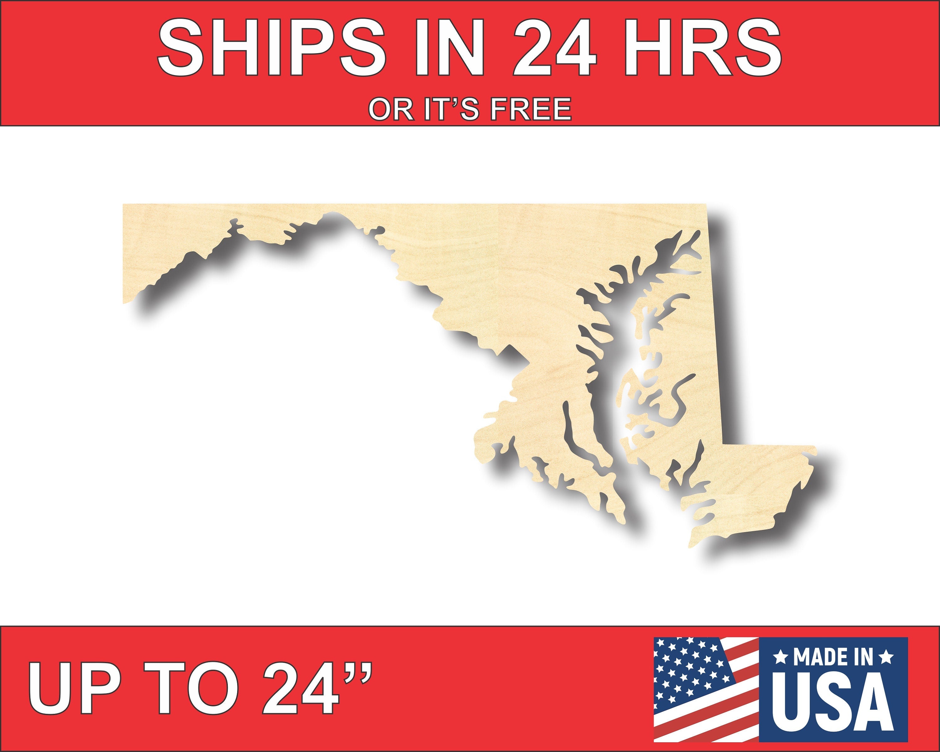 Unfinished Wood Maryland Shape - State - Craft - up to 46"  DIY